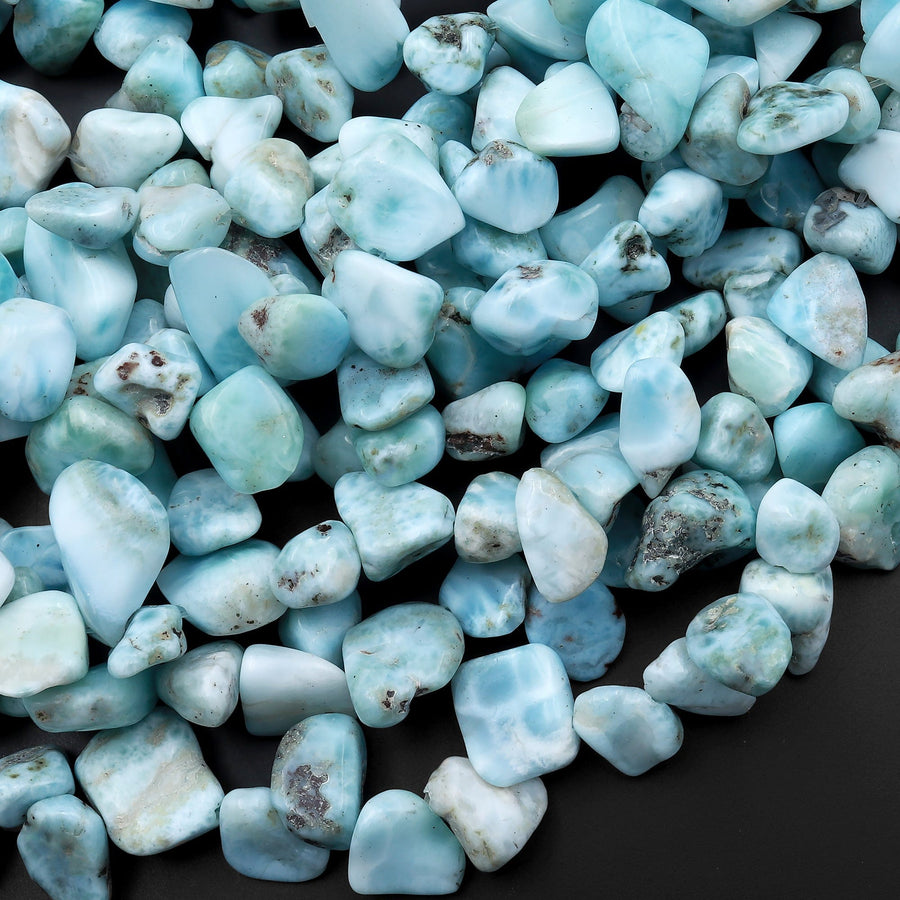 Natural Blue Larimar Beads Freeform Teardrop Pebble Nuggets From Dominican Republic 15.5" Strand