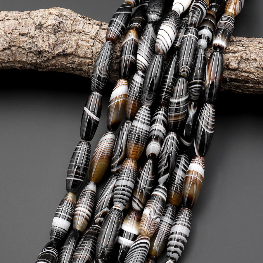 Natural Tibetan Agate Beads Highly Smooth Long Drum Barrel Tube 30mm Amazing Veins Bands Stripes Brown White Black 16" Strand