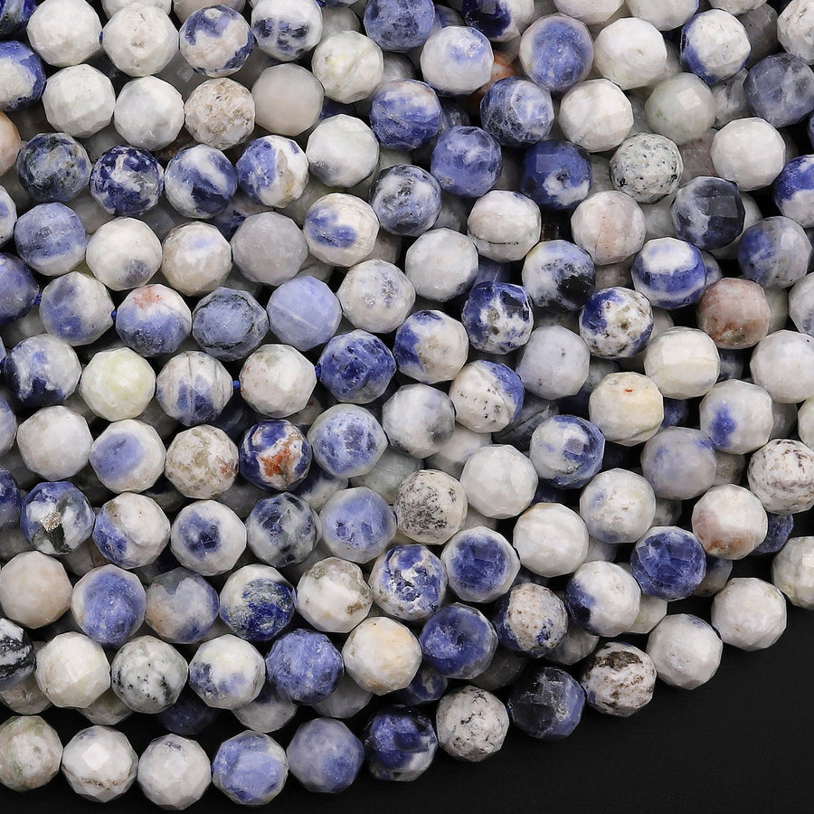 Faceted Natural White Blue Sodalite 5mm 6mm Round Beads Micro Cut Gemstone 15.5" Strand