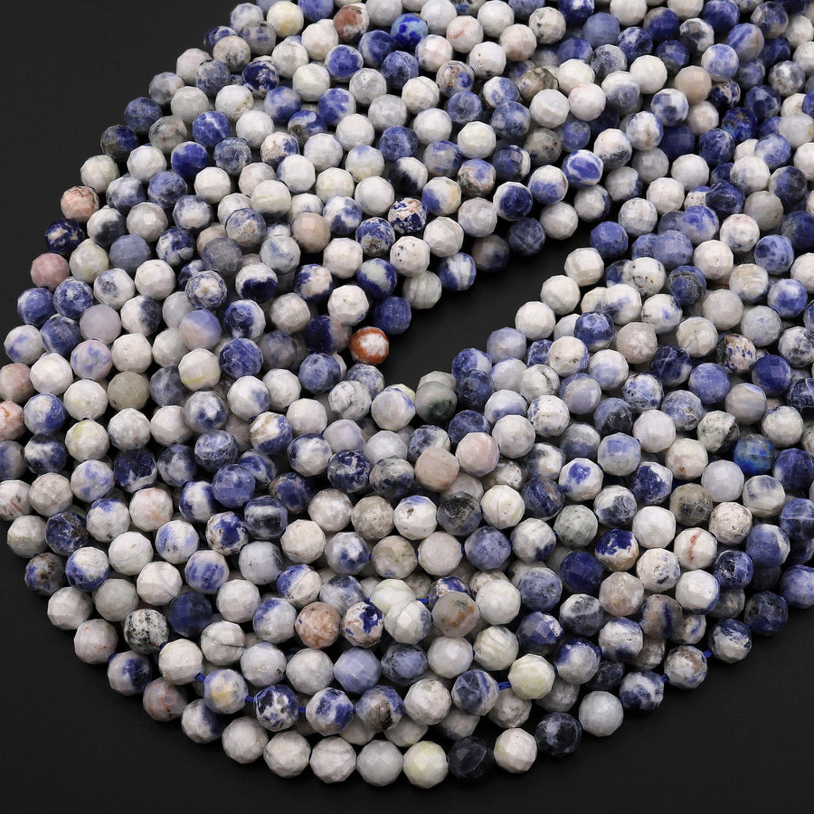 Faceted Natural White Blue Sodalite 5mm 6mm Round Beads Micro Cut Gemstone 15.5" Strand