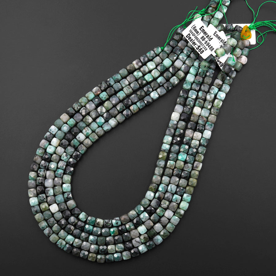Real Genuine Natural Green Emerald 6mm Faceted Cube Beads Dice Square Gemstone 15.5" Strand