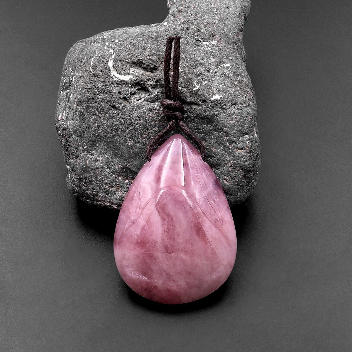 Natural Madagascar Mauve Pink Rose Quartz Teardrop Pendant Side