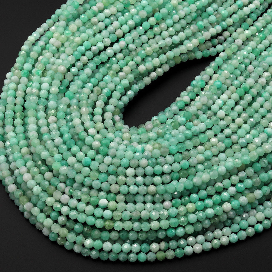 AAA Real Genuine Natural Colombia Green Emerald Gemstone Faceted 3mm 4mm Round Beads Laser Diamond Cut Gemstone May Birthstone 15.5" Strand