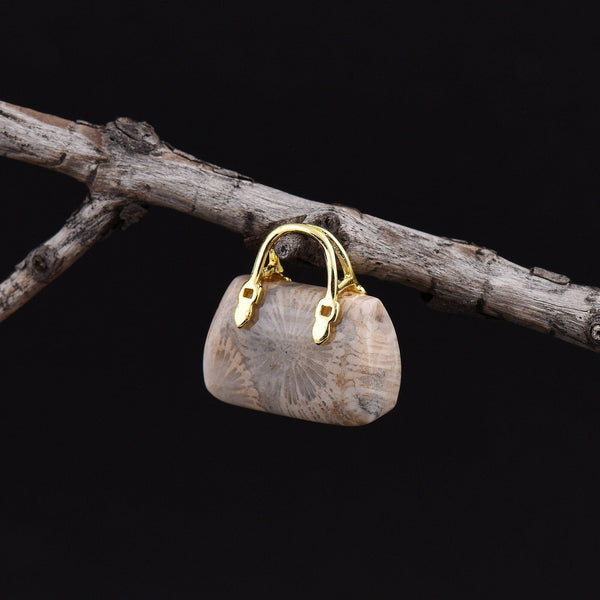 Hand Carved Natural Indonesian Fossil Coral Focal Pendant Bead Purse Miniature Handbag Style OP0032