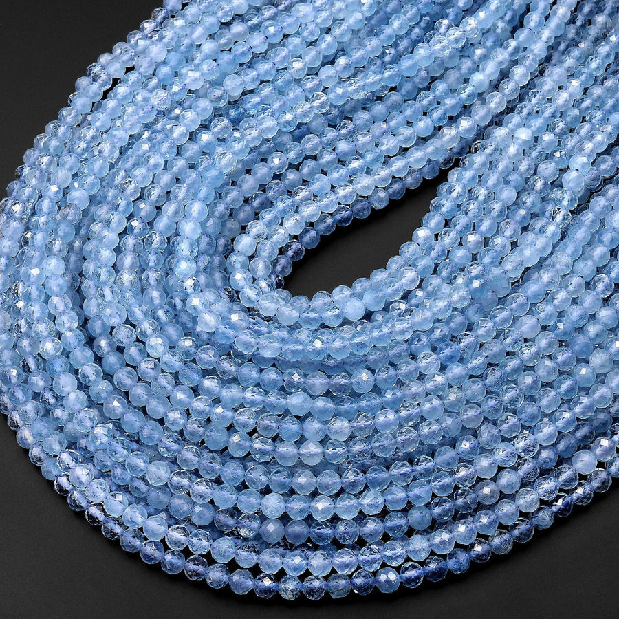 AAA Faceted Natural Blue Aquamarine 4mm Round Beads Extra Translucent Micro Laser Diamond Cut Gemstone 15.5" Strand