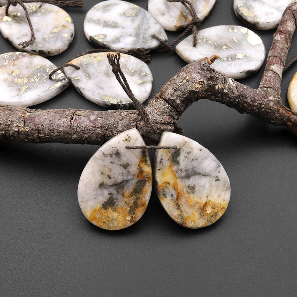 Rare Natural Golden Pyrite in Quartz Earring Pair Flat Teardrop Cabochon Pair Drilled Matched Gemstone Beads A1