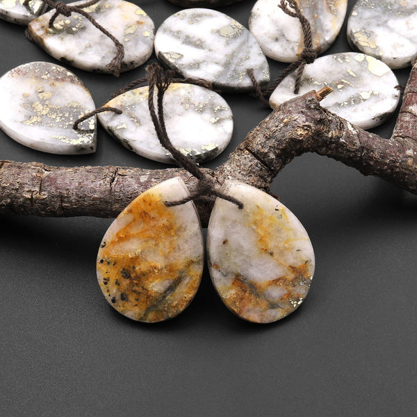 Rare Natural Golden Pyrite in Quartz Earring Pair Flat Teardrop Cabochon Pair Drilled Matched Gemstone Beads A3