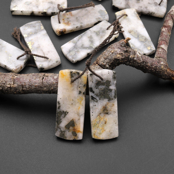 Rare Natural Golden Pyrite in Quartz Earring Pair Flat Rectangle Cabochon Pair Drilled Matched Gemstone Beads A3