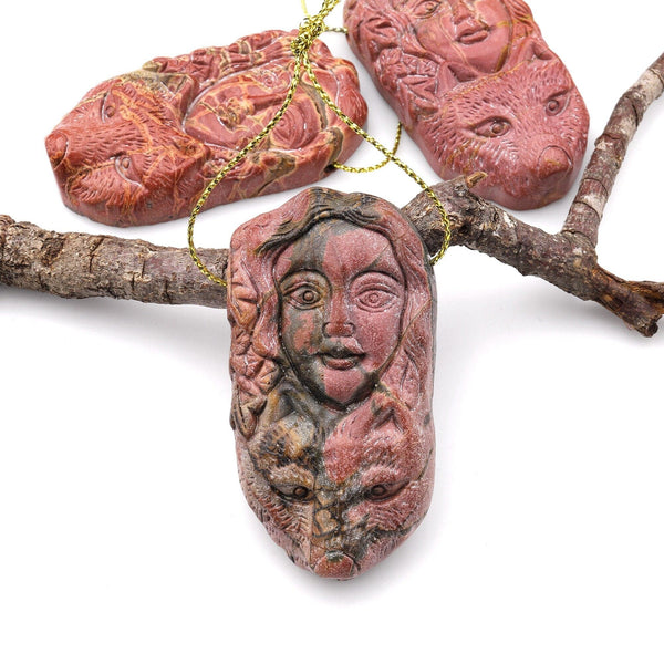 Natural Red Creek Jasper Pendant Hand Carved Wolf Woman Face Side Drilled Aka MultiColor Picasso Jasper A1