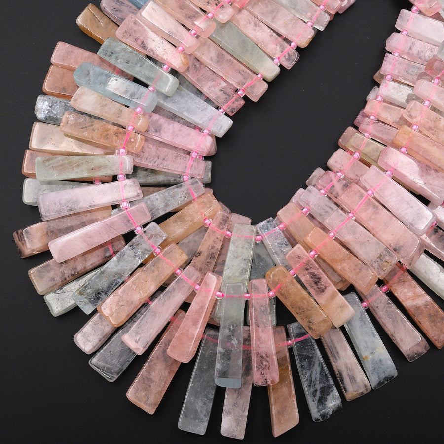 Natural Pink Blue Aquamarine Morganite Thin long Rectangel Spike Beads Cleopatra Style 15.5" Strand