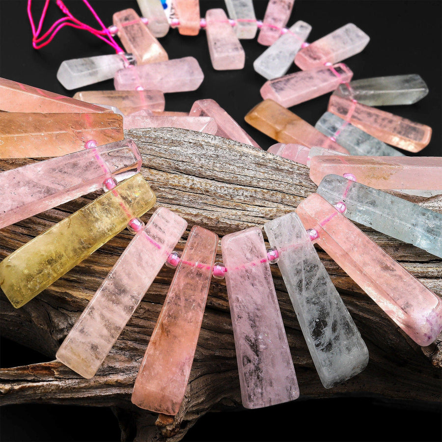 Natural Pink Blue Aquamarine Morganite Thin long Rectangel Spike Beads Cleopatra Style 15.5" Strand
