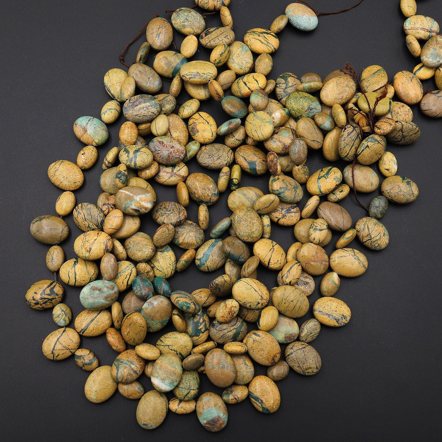 Natural Green Canyon Jasper Oval Beads Aka African Green Boulder Opal 15.5" Strand