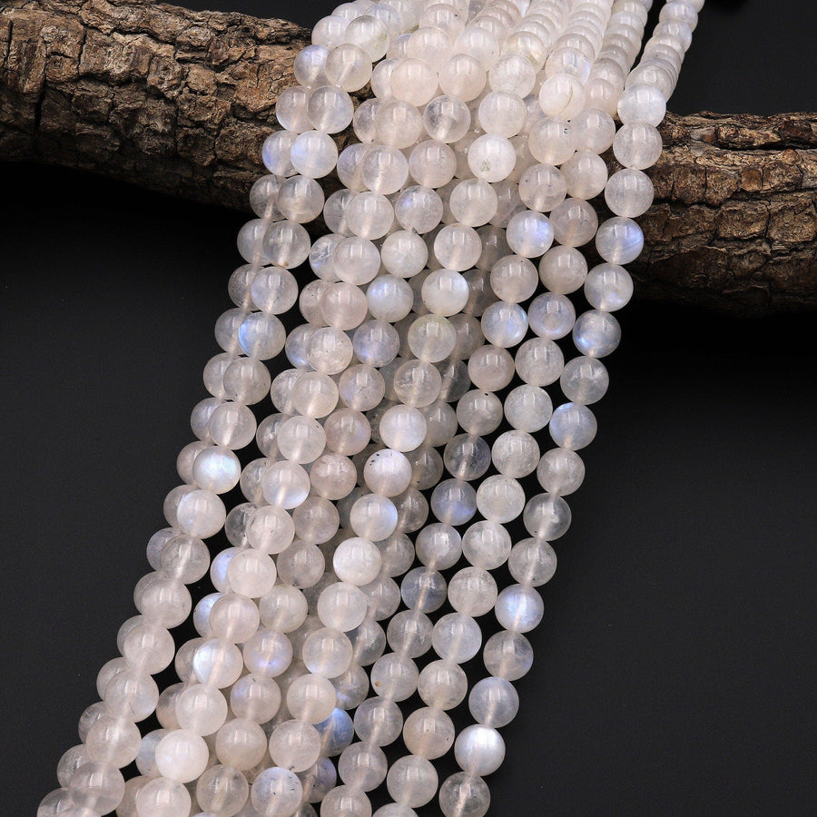 Translucent Natural Rainbow Moonstone Round Beads 8mm Blue Flashes 15.5" Strand