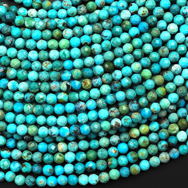 Natural Turquoise 3mm Faceted Round Beads Real Genuine Vibrant Blue Green Gemstone Micro Diamond Cut 15.5" Strand