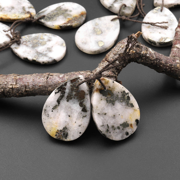 Rare Natural Golden Pyrite in Quartz Earring Pair Flat Teardrop Cabochon Pair Drilled Matched Gemstone Beads A6
