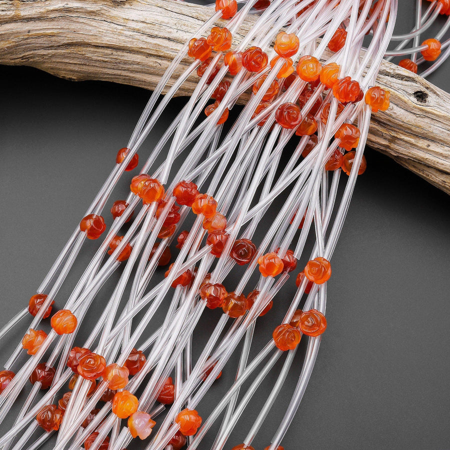 Sunkissed Natural Orange Red Carnelian Hand Carved Rose Flower Gemstone Beads 8mm 10mm 8"