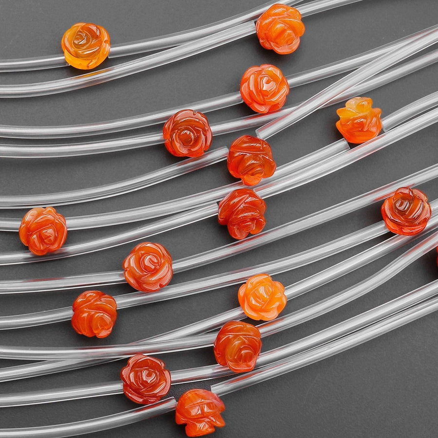 Sunkissed Natural Orange Red Carnelian Hand Carved Rose Flower Gemstone Beads 8mm 10mm 8"