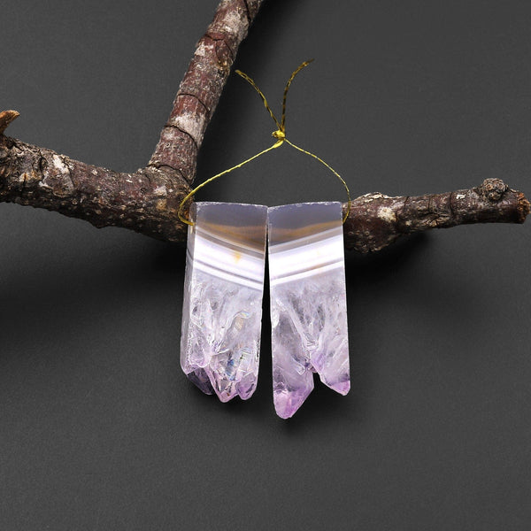 Natural Amethyst Stalactite Slice Matched Earring Rectangle Gemstone Bead Pair A66