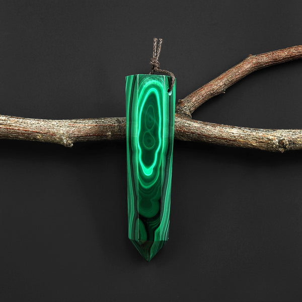 Natural Green Malachite Obelisk Point Pendant Side Drilled Tower Pendulum Healing Crystal A2