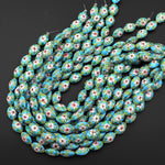 Aqua Blue Pink Green Cloisonné 20mm Beads Oval Decorative Floral Enamel 15.5" Strand