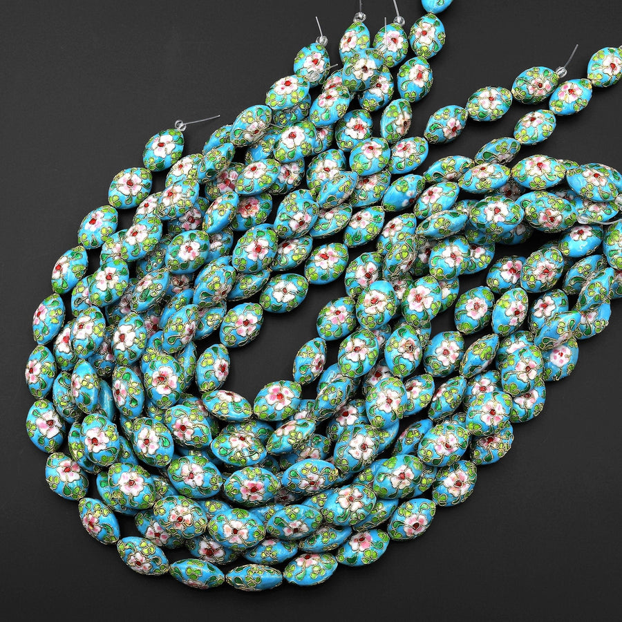 Aqua Blue Pink Green Cloisonné 20mm Beads Oval Decorative Floral Enamel 15.5" Strand