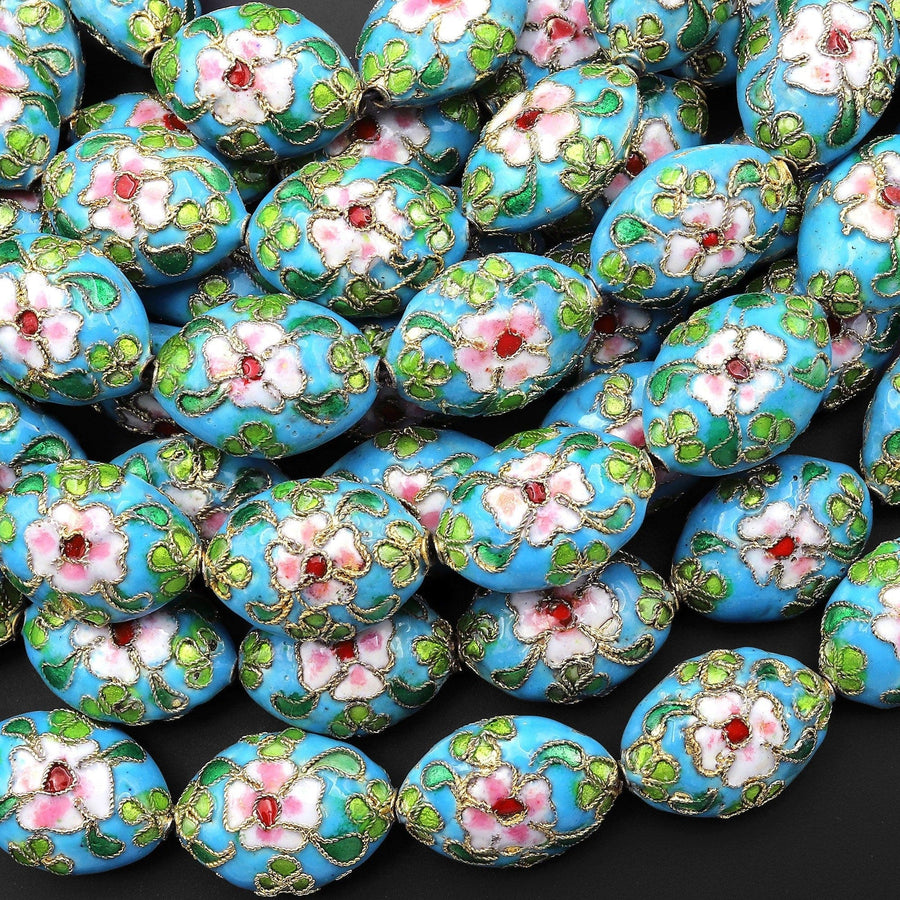 Aqua Blue Pink Green Cloisonné 20mm Beads Oval Decorative Floral Enamel 15.5" Strand