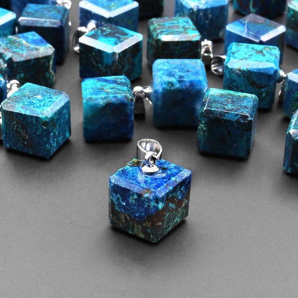 Natural Azurite Chrysocolla Cube Dice Pendant 9mm From the Old Arizona Copper Mine A3