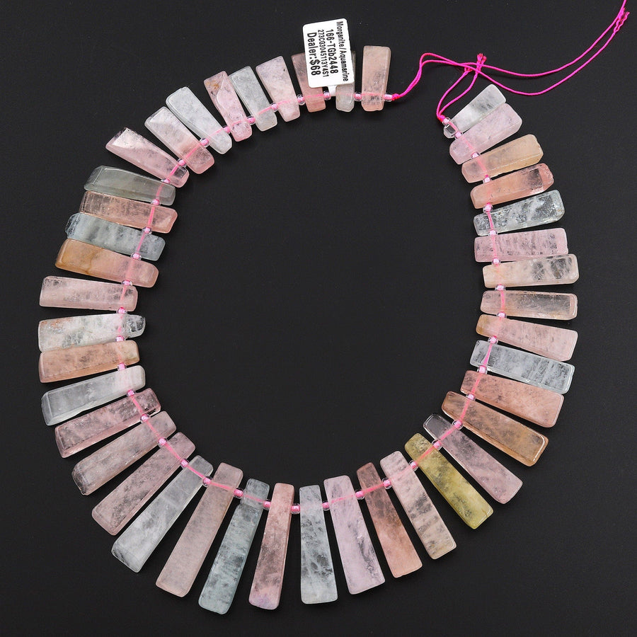 Natural Pink Blue Aquamarine Morganite Thin long Rectangel Spike Beads Cleopatra Style 15.5" Strand