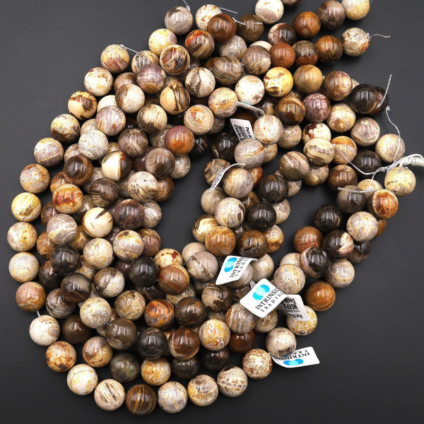 Large Natural Petrified Wood Beads Fossil Smooth 14mm 16mm Round Beads Earthy Beige Brown Gemstone 15.5" Strand