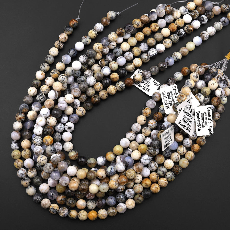 Natural African Dendritic Opal 6mm 8mm Smooth Round Beads Gemstone 15.5" Strand