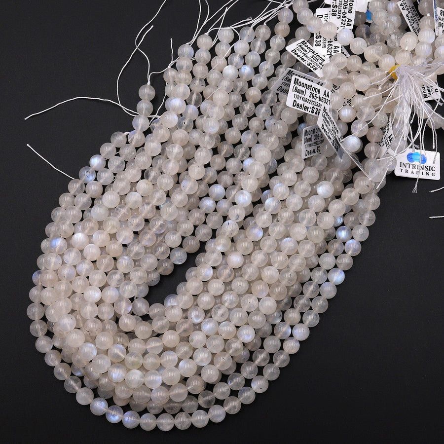 Translucent Natural Rainbow Moonstone Round Beads 8mm Blue Flashes 15.5" Strand