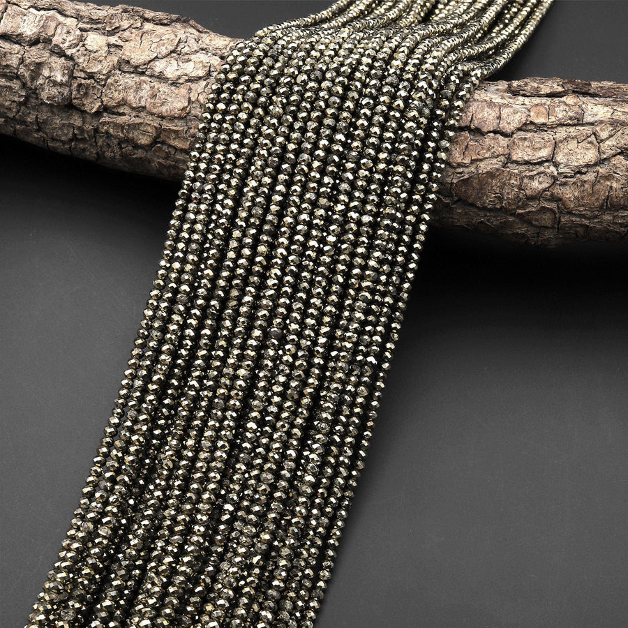 Faceted Small Natural Iron Pyrite Faceted 2mm 3mm Rondelle Beads Diamond Cut Gemstone 15.5" Strand