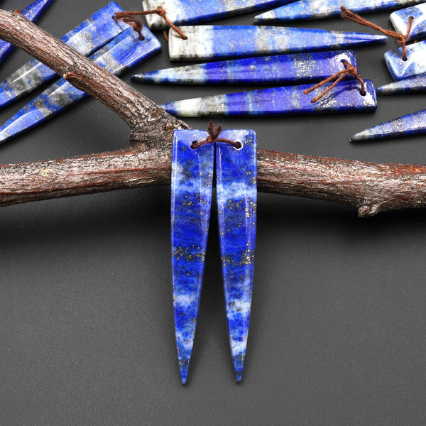 Natural Blue Lapis Earring Pair Modern Long Dagger Triangle Matched Gemstone Beads A3
