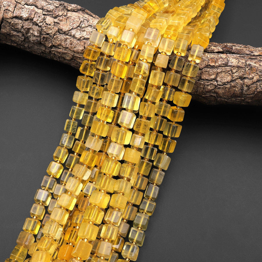 Rare Natural Golden Yellow Fluorite Cube Square 7mm 8mm Beads Gemstone 15.5" Strand