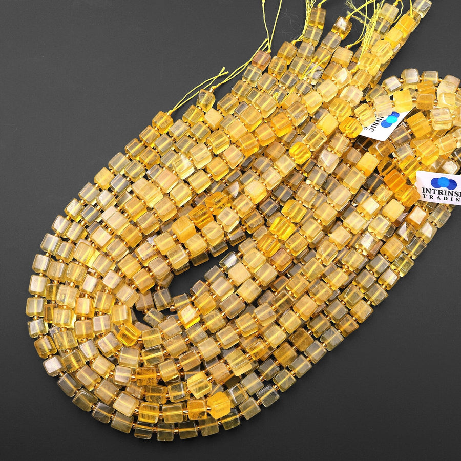Rare Natural Golden Yellow Fluorite Cube Square 7mm 8mm Beads Gemstone 15.5" Strand