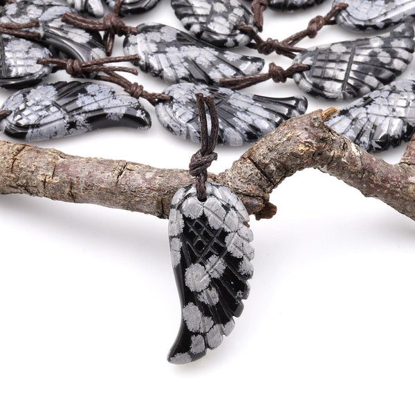 AAA Hand Carved Natural Snowflake Obsidian Angel Wing Pendant Bead Drilled Gemstone A1