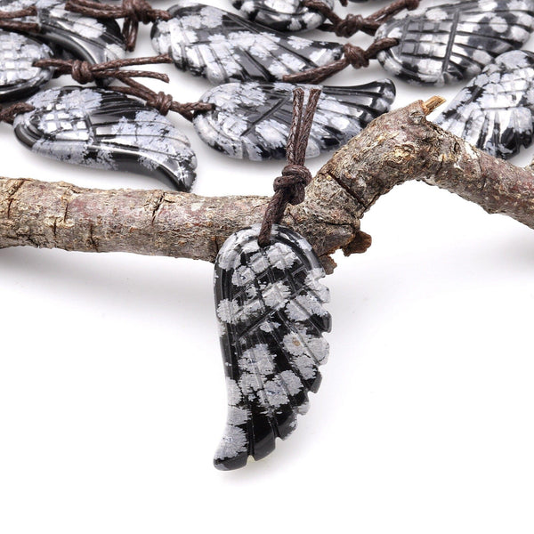 AAA Hand Carved Natural Snowflake Obsidian Angel Wing Pendant Bead Drilled Gemstone A2