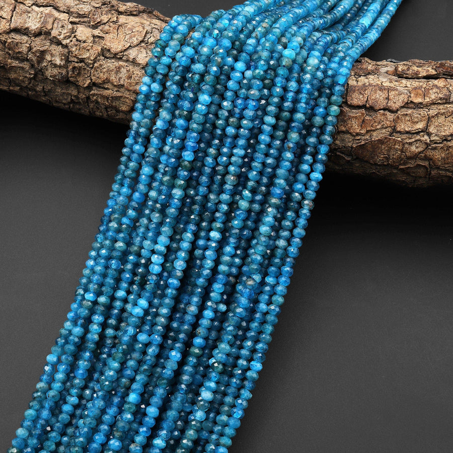 AAA Faceted Natural Blue Apatite 4mm Rondelle Beads Micro Cut Gemstone 15.5" Strand