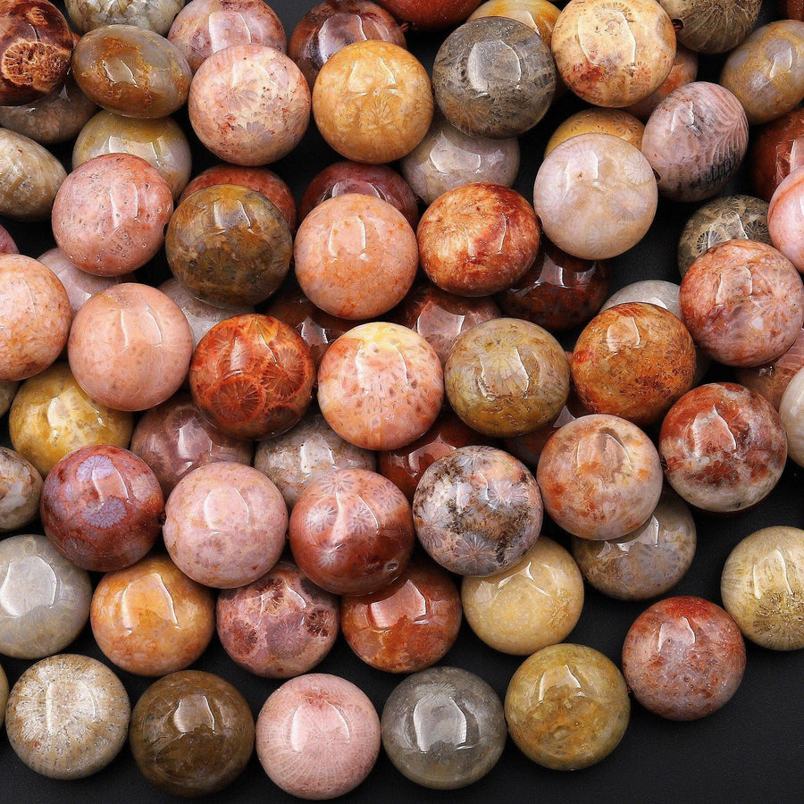 Natural Orange Red Yellow Fossil Coral Beads Coin 14mm Gemstone 15.5" Strand