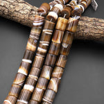 Large Natural Tibetan Agate Beads Smooth Cylinder Tube Amazing Brown Veins Bands Stripes 15.5" Strand