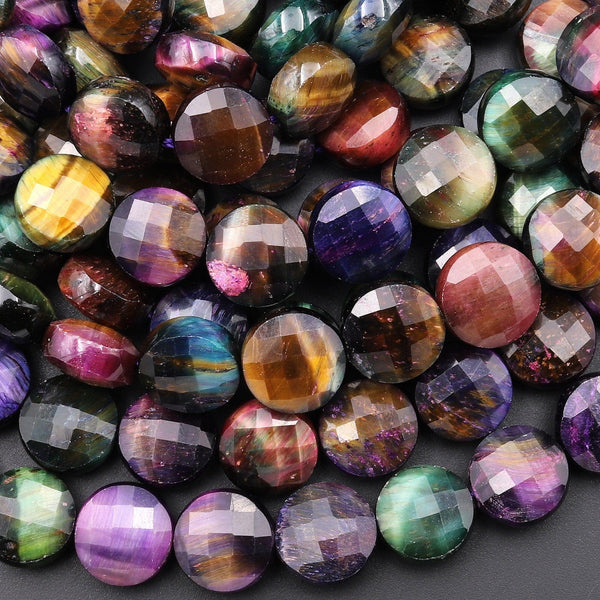 AAA Rainbow Colors Galaxy Tiger's Eye 10mm Faceted Coin Beads 15.5" Strand