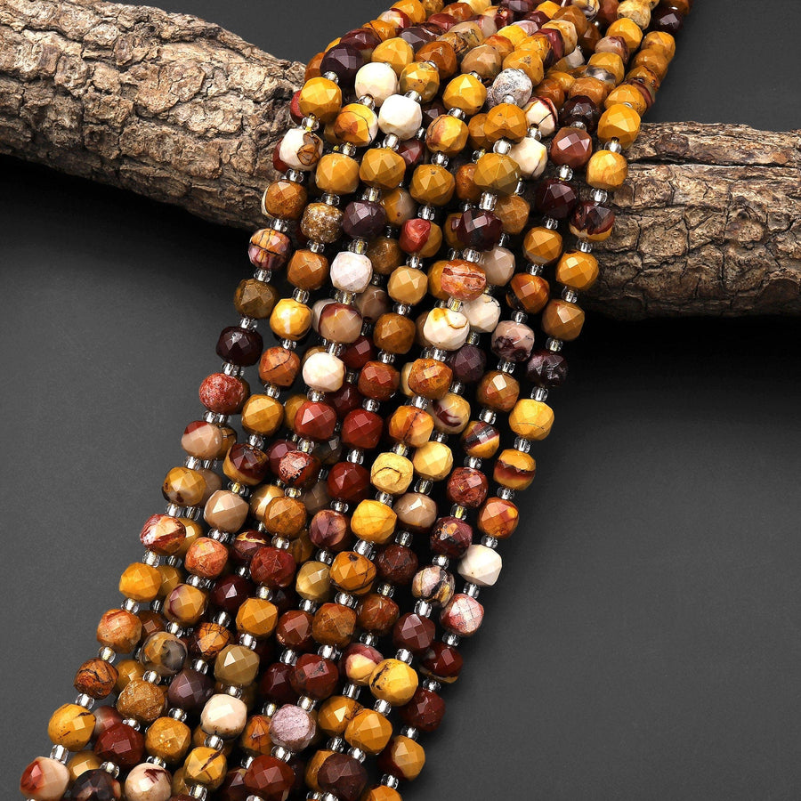 Faceted Natural Australian Mookaite Jasper Beads 7mm 8mm Cube Sunset Colors Red Yellow Maroon 15.5" Strand