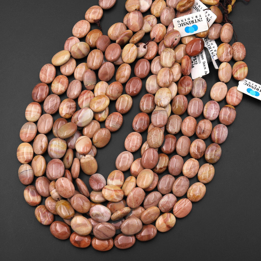 Natural Polychrome Landscape Ocean Jasper Smooth Oval Beads Earthy Red Brown Pink Colors 15.5" Strand