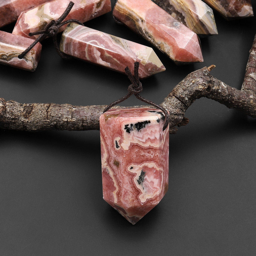 Natural Rhodochrosite Obelisk Point Pendant Side Drilled Tower Pendulum Healing Crystal A8