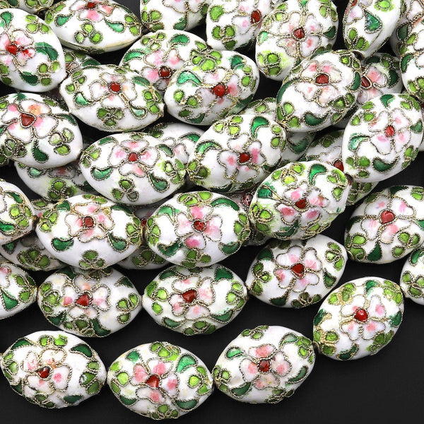 Pink Green White Cloisonné 20mm Beads Oval Decorative Floral Enamel 15.5" Strand