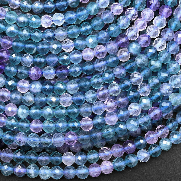 AAA Natural Fluorite Faceted 4mm Round Beads Gemmy Purple Blue Green Gemstone 15.5" Strand