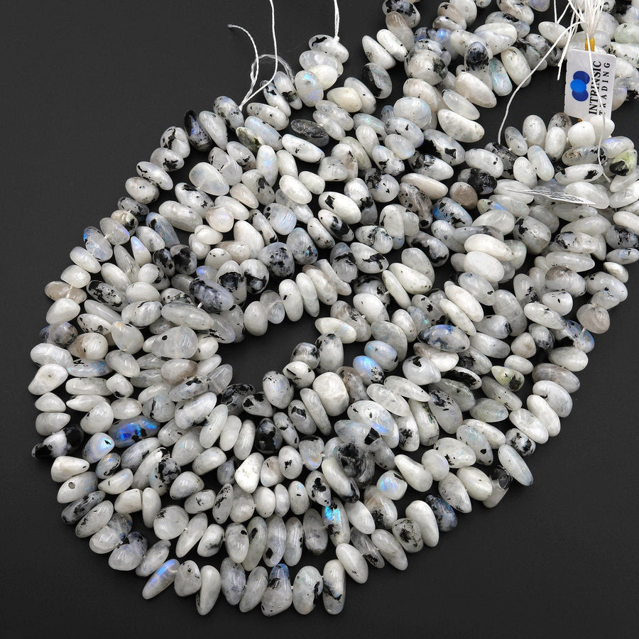 Large Natural Rainbow Moonstone w/ Black Tourmaline Freeform Rondelle Disc Center Dilled Beads 15.5" Strand
