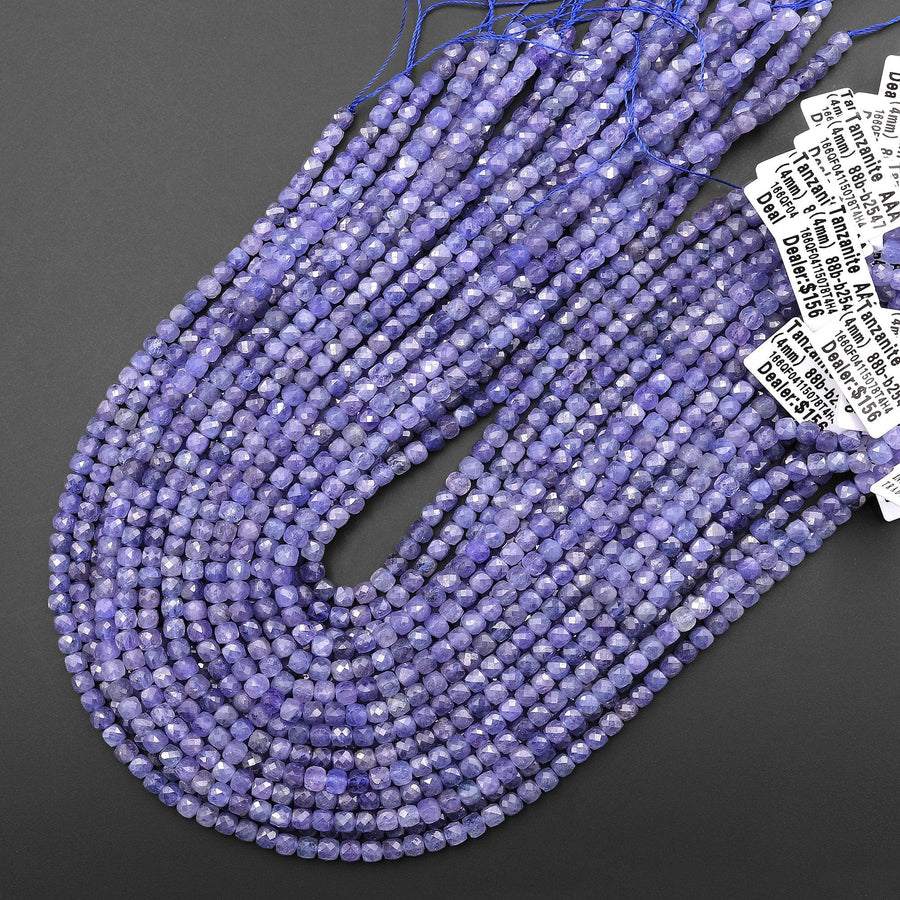 AAA Faceted Genuine Natural Tanzanite 4mm Cube Beads Purple Blue Gemstone 15.5" Strand