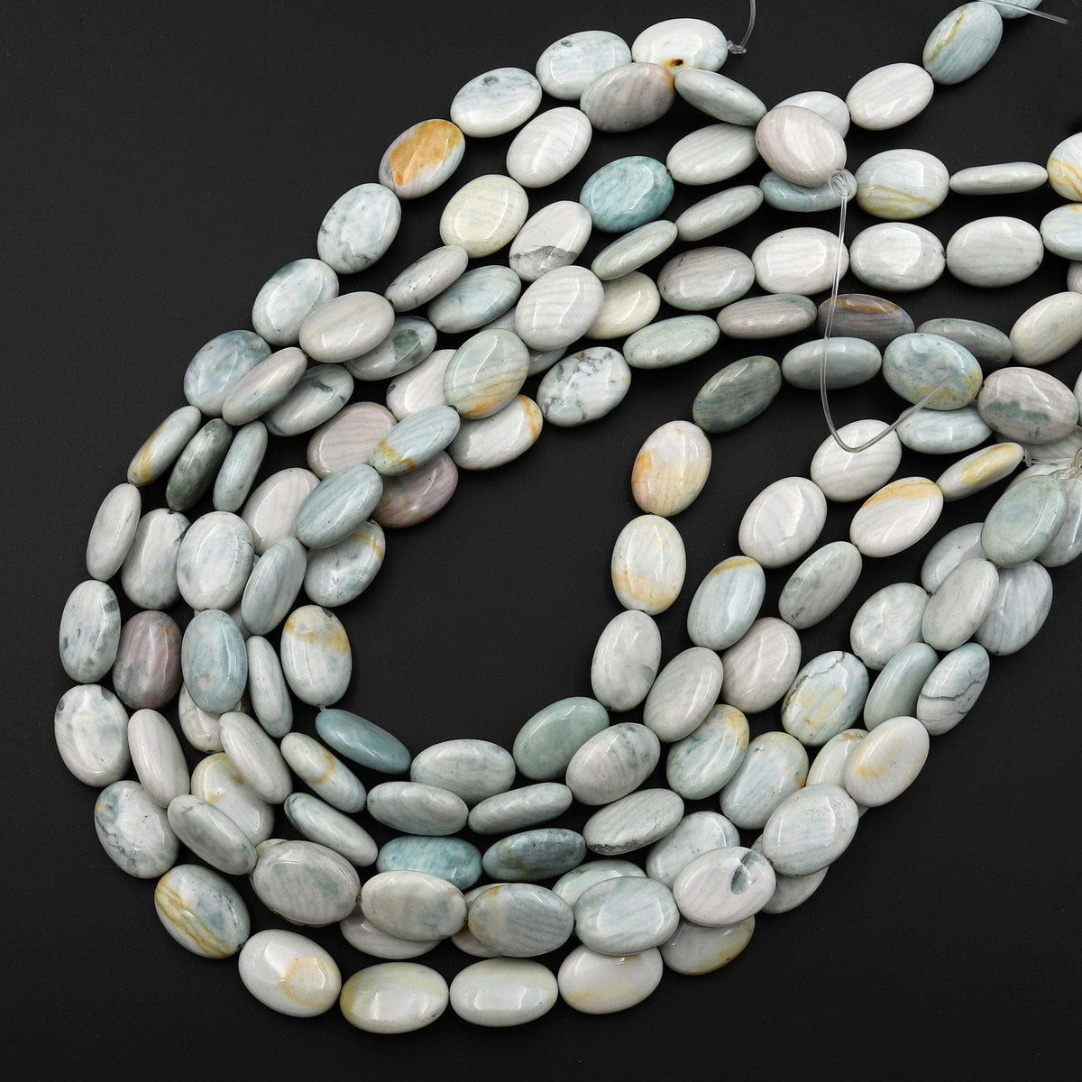 Natural Polychrome Landscape Ocean Jasper Smooth Oval Beads Green