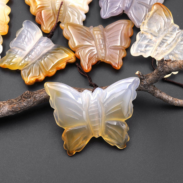 Hand Carved Natural Carnelian Agate Butterfly Pendant Vertically Drilled Gemstone Focal Bead A3